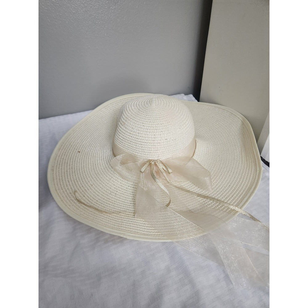 Cream Woven Wide Brim Sun Hat Sheer Organza Gold Trim Bow Summer Beach Wedding